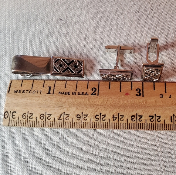 Vntg Sterling Cufflinks Tieclip Set Marcasite and Onyx Original Box - Picture 2 of 14